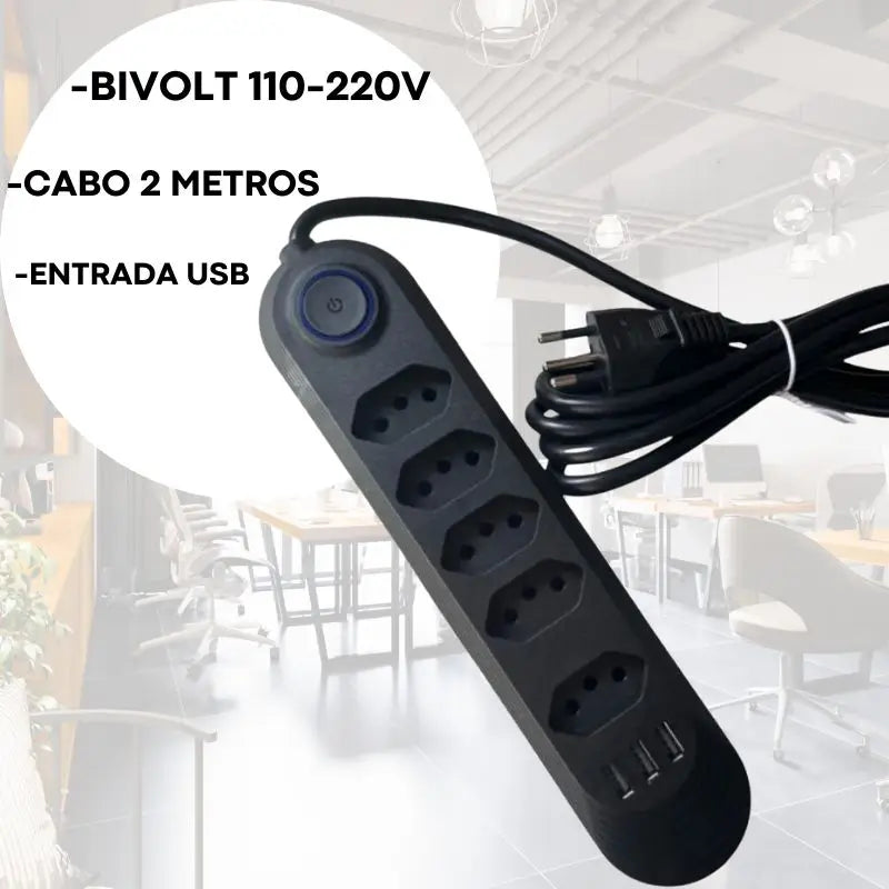 Extensão Elétrica 4 Tomadas e 3 Entradas USB
